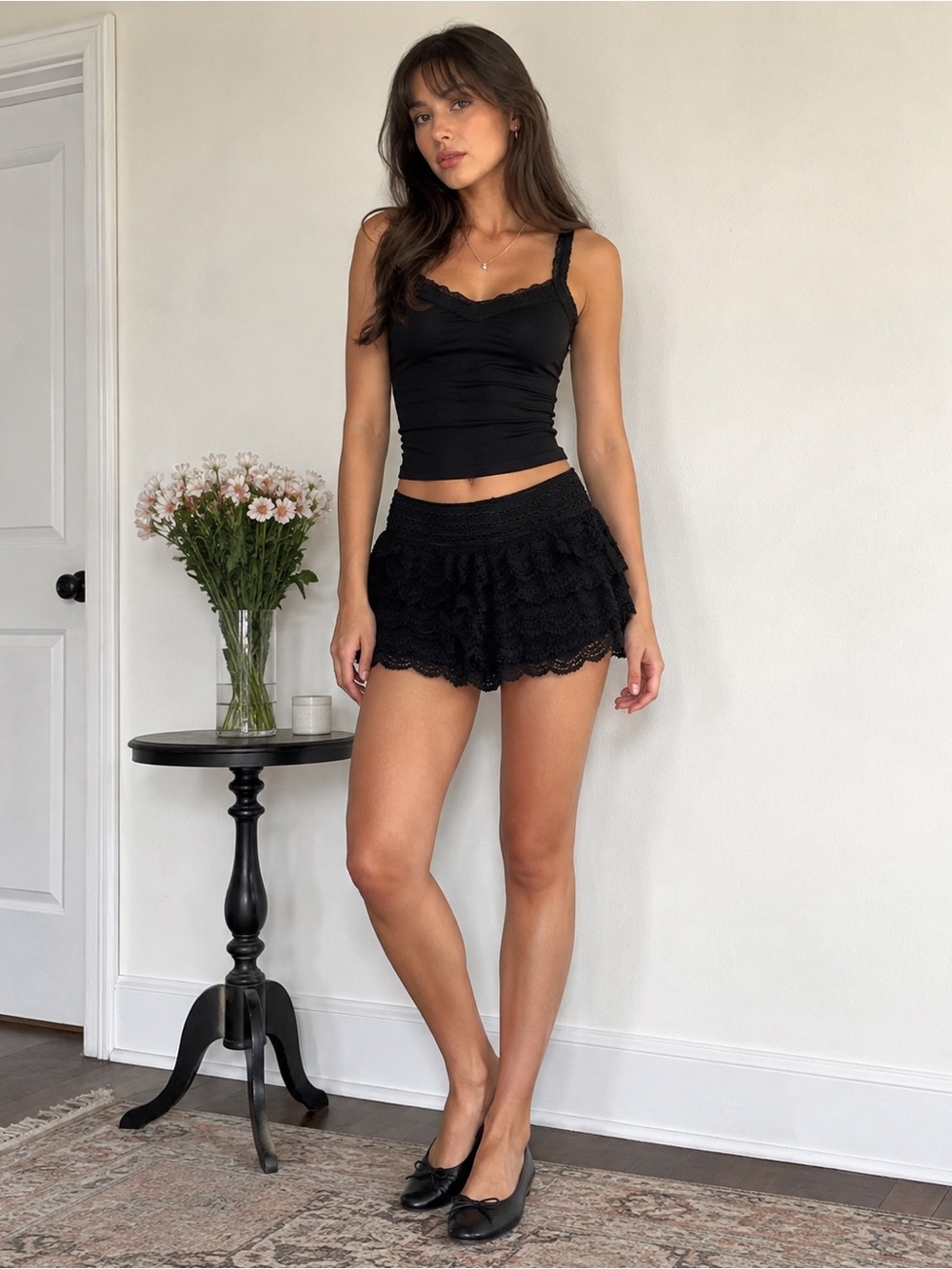 Black Lace Ruffle Crochet Shorts XS S Scalloped Hem Y2K Coquette